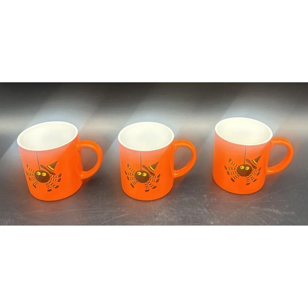 Crate & Barrel Orange Black Spider Ceramic Halloween Mugs 6oz Set‎ Of 6